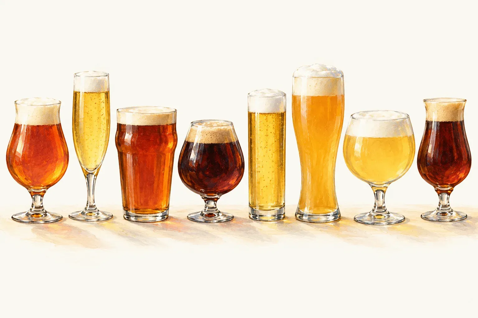 Eight beer glasses in a row: tulip, flute, nonic pint, snifter, Stange, wheat beer glass, goblet and thistle