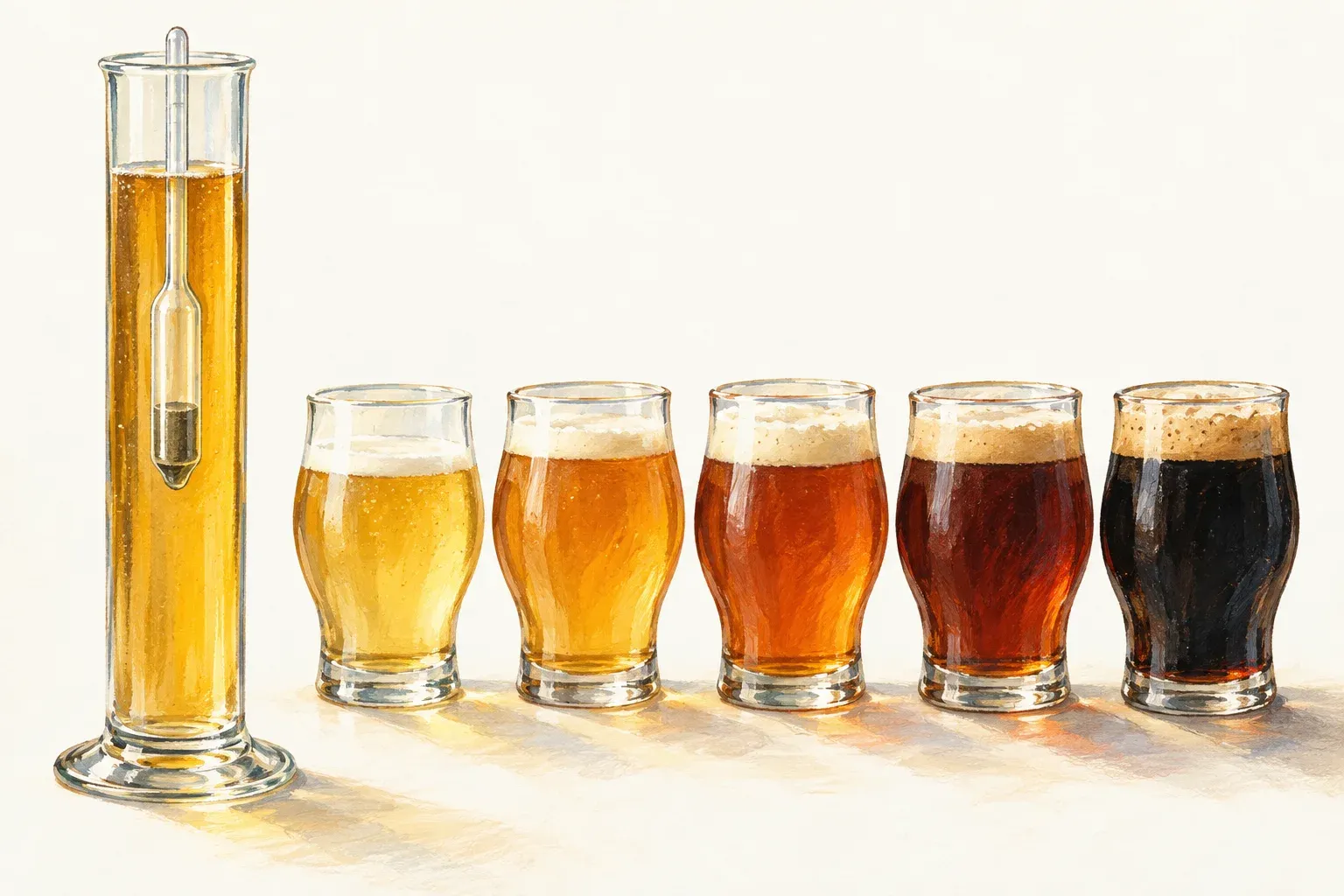 A hydrometer floating in a cylinder of wort beside five tasting glasses from pale straw to black