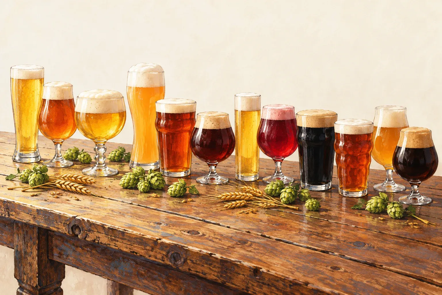 A long wooden table with beers of every colour, each in its own glass, from pale lager to black stout
