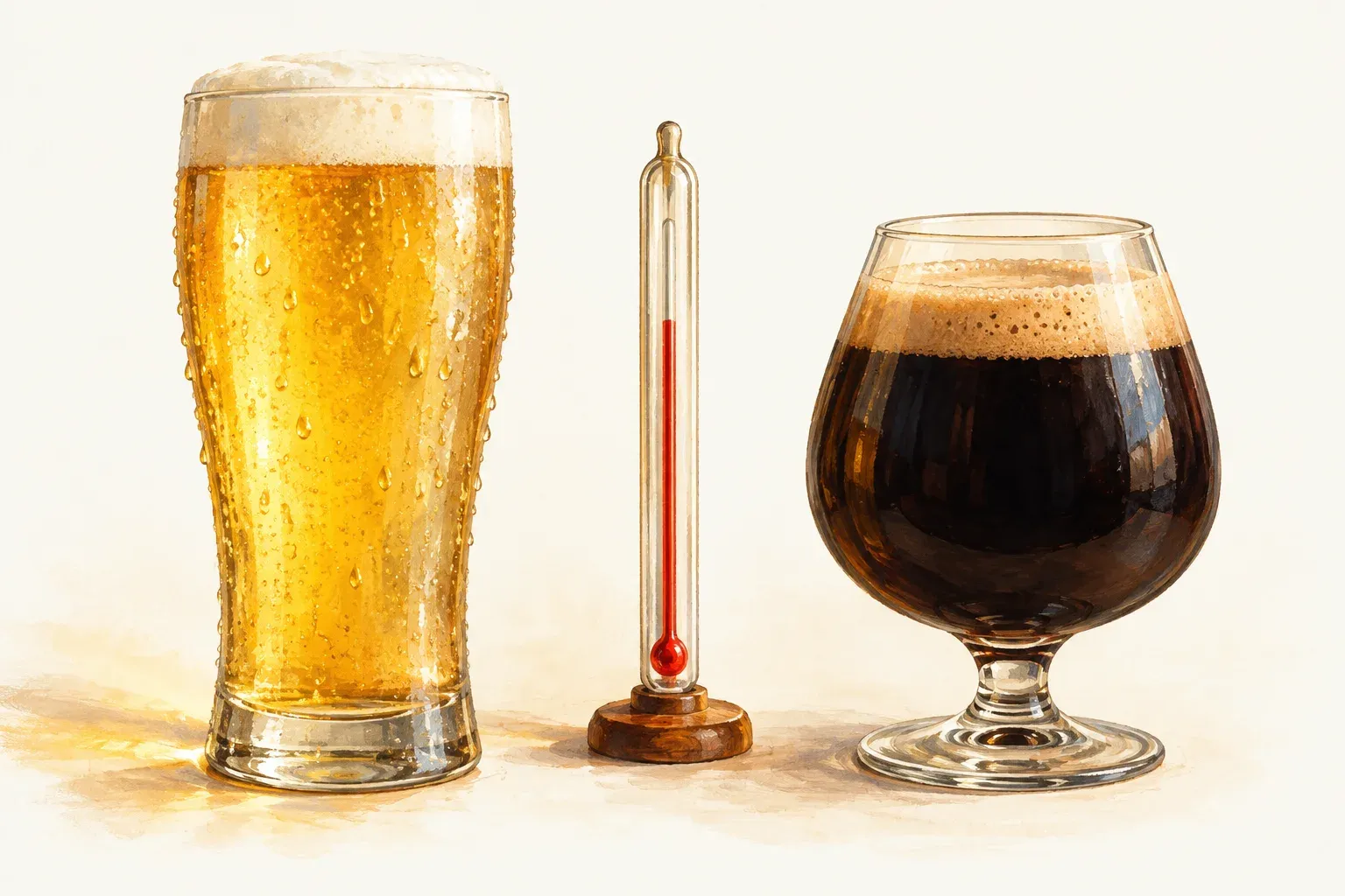 A cold, misted glass of pale lager and a snifter of dark stout either side of an old glass thermometer
